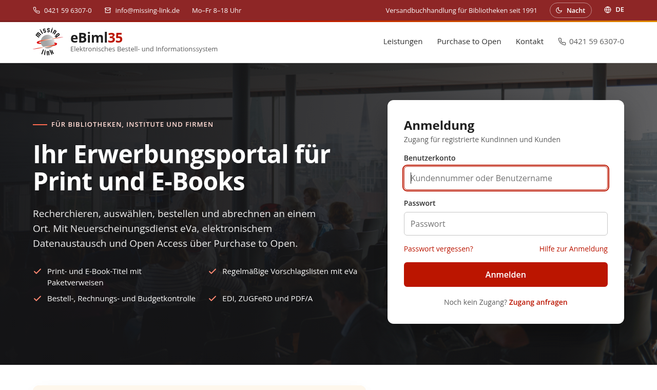 Startseite von eBiml35 mit dem Anmeldefeld